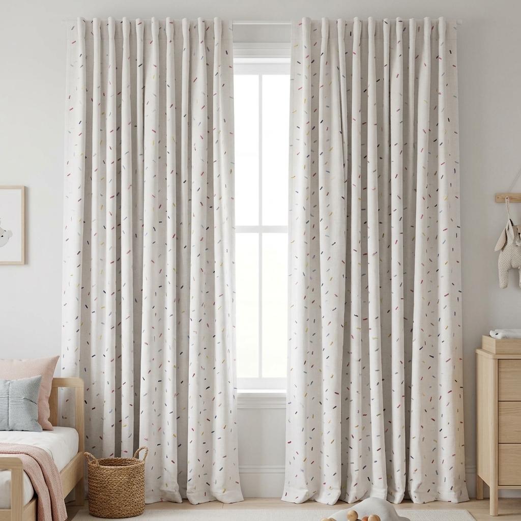 Soft White Pure Linen Curtains, Rainbow Confetti Dash Embroidery, Custom Blackout Nursery Kids Room Drapes — image 6