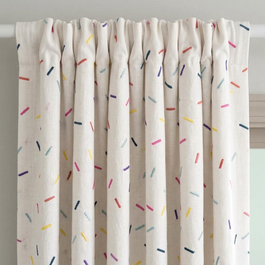 Soft White Pure Linen Curtains, Rainbow Confetti Dash Embroidery, Custom Blackout Nursery Kids Room Drapes — image 4