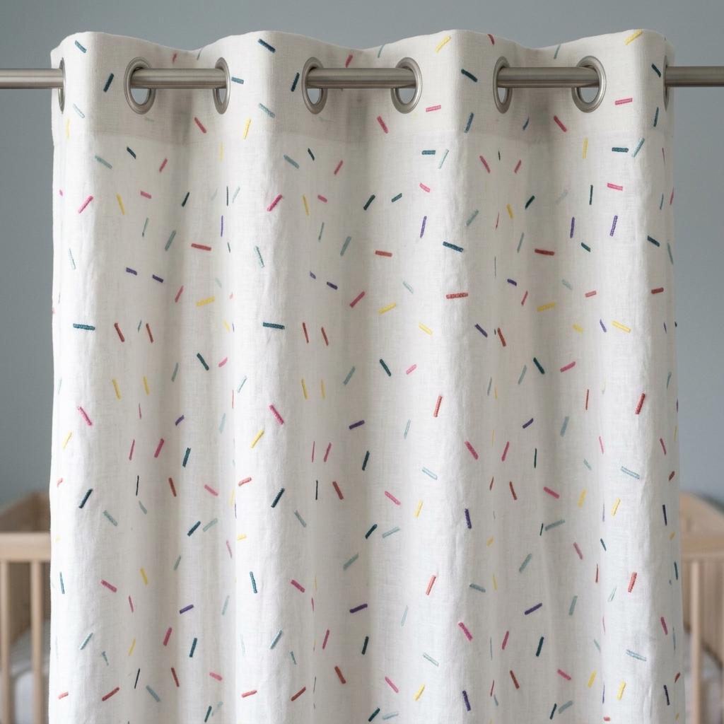 Soft White Pure Linen Curtains, Rainbow Confetti Dash Embroidery, Custom Blackout Nursery Kids Room Drapes — image 8