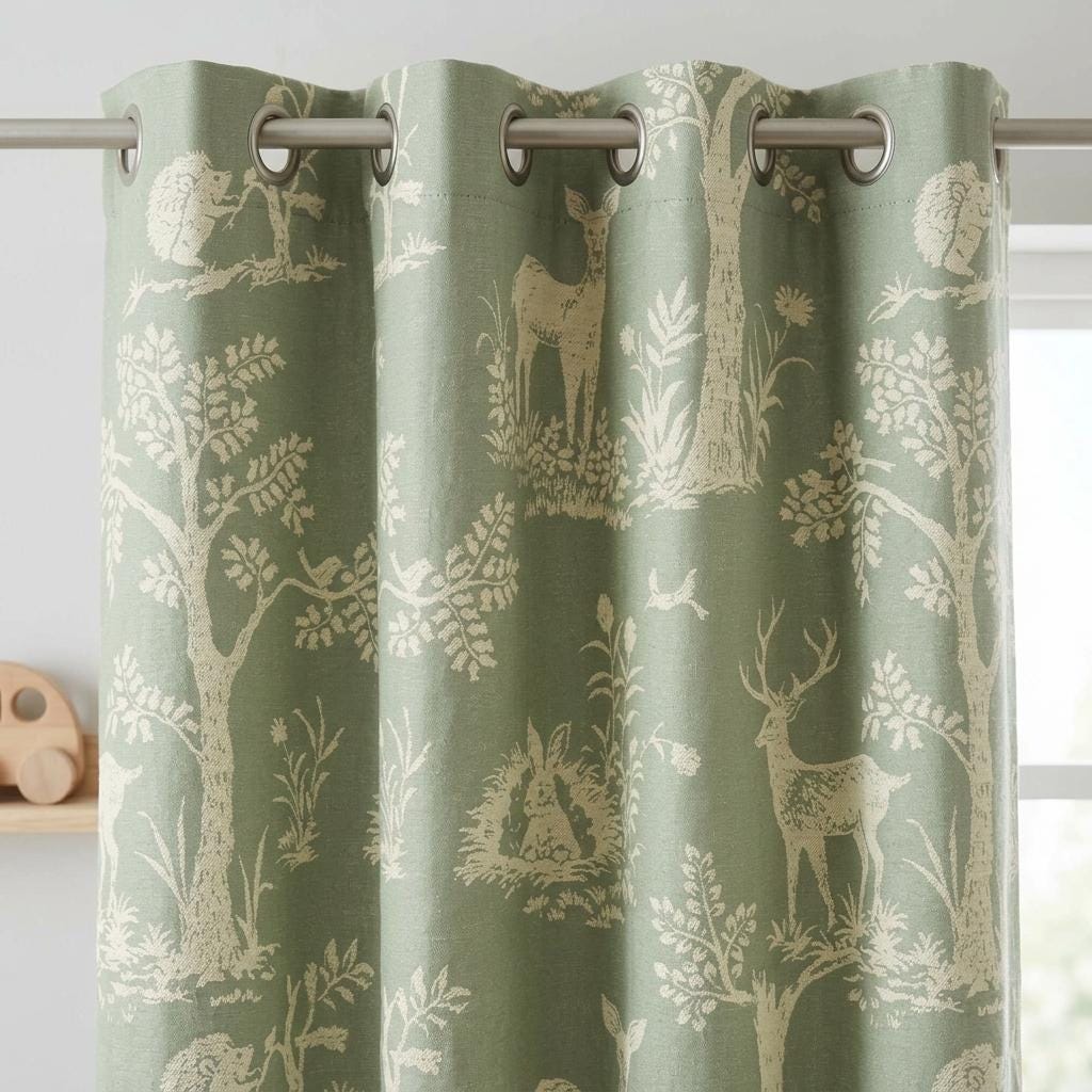 Sage Green Silk-Linen Jacquard Curtains, Ivory Woodland Deer Toile, Custom Blackout Nursery Drapes — image 4