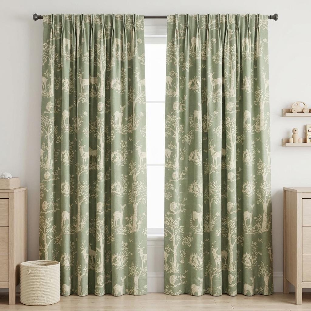 Sage Green Silk-Linen Jacquard Curtains, Ivory Woodland Deer Toile, Custom Blackout Nursery Drapes — image 6