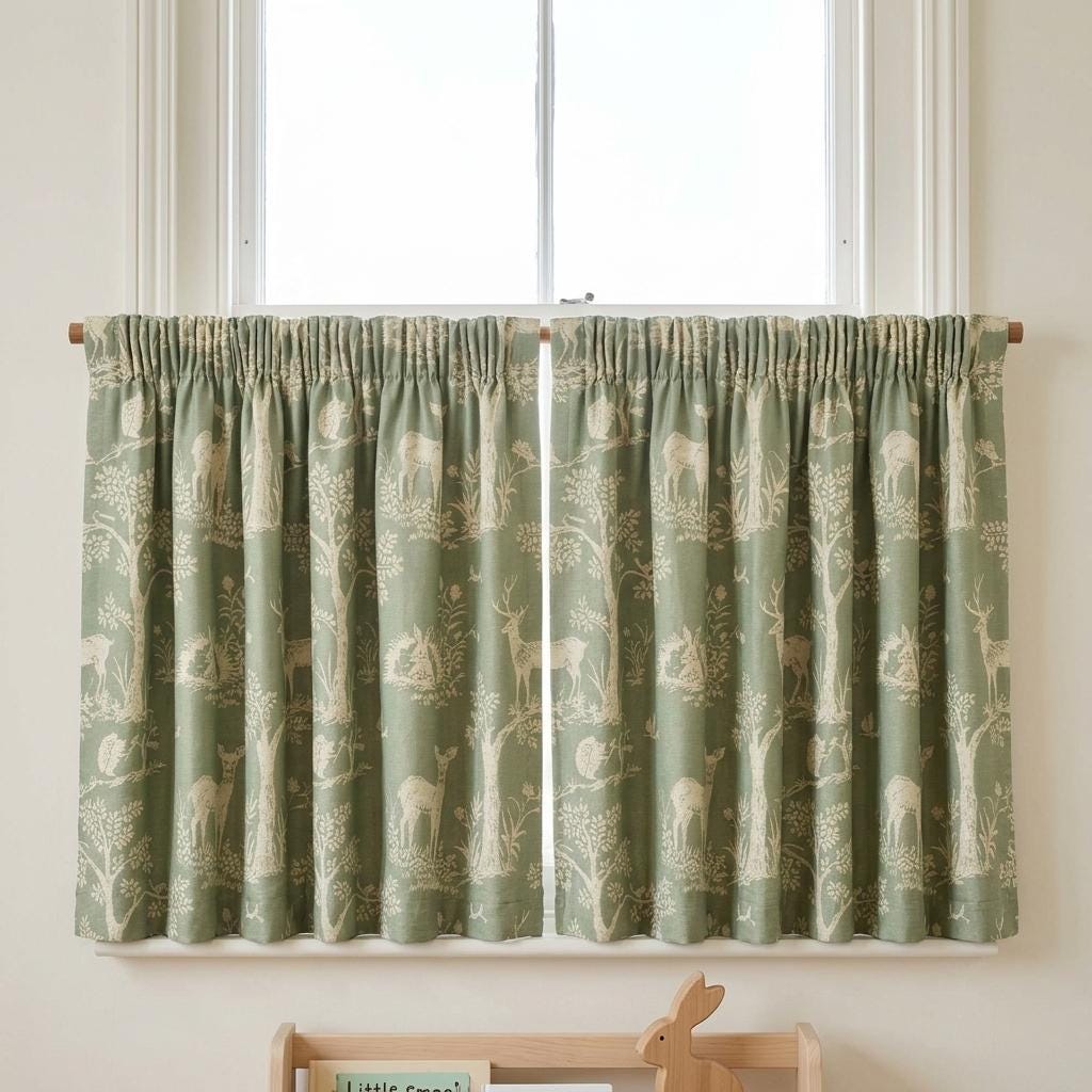 Sage Green Silk-Linen Jacquard Curtains, Ivory Woodland Deer Toile, Custom Blackout Nursery Drapes — image 8