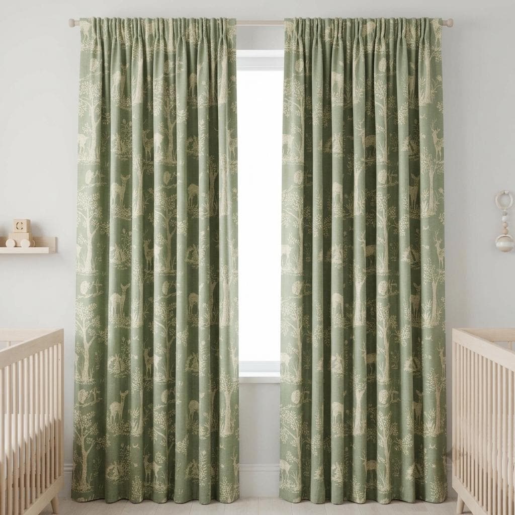 Sage Green Silk-Linen Jacquard Curtains, Ivory Woodland Deer Toile, Custom Blackout Nursery Drapes — image 9
