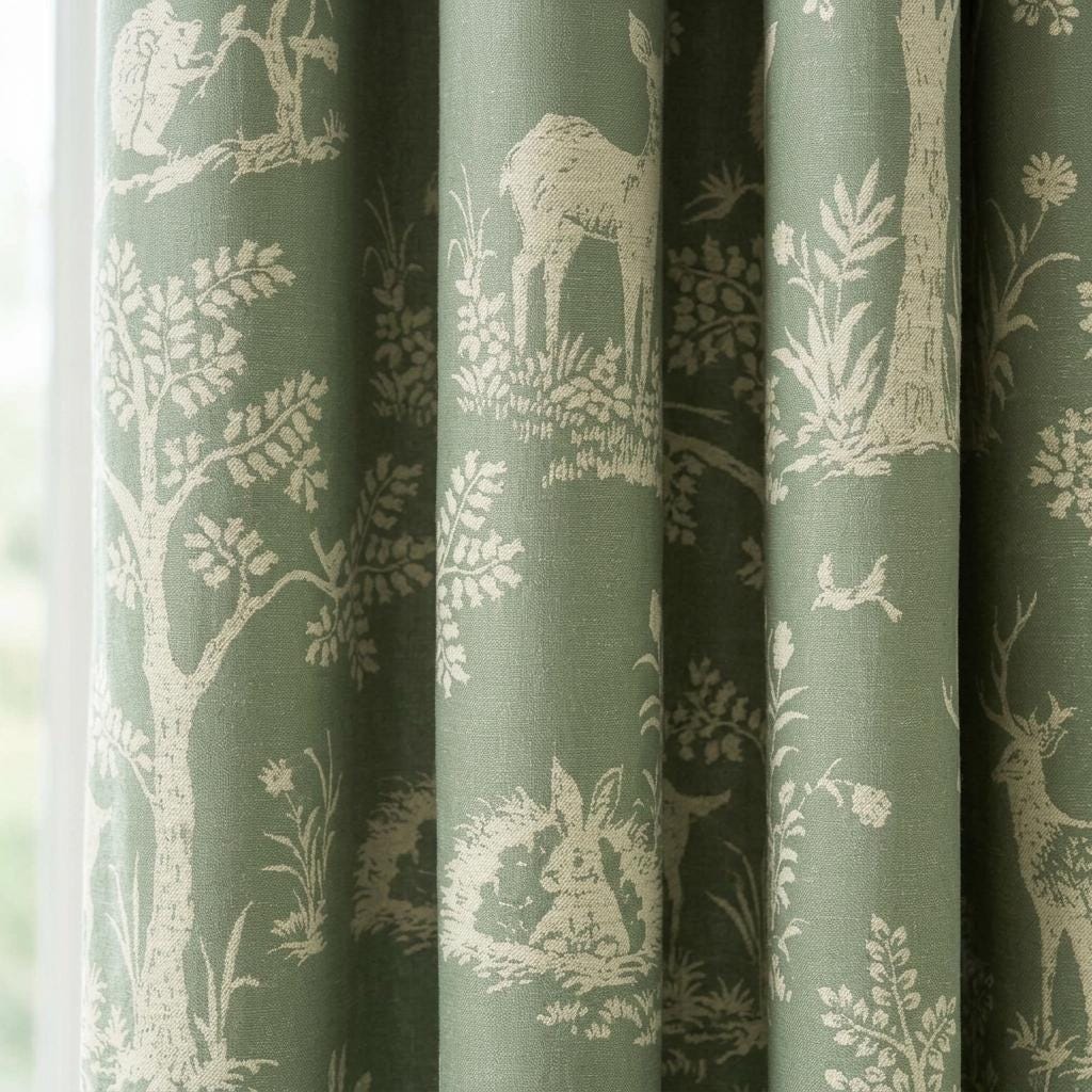 Sage Green Silk-Linen Jacquard Curtains, Ivory Woodland Deer Toile, Custom Blackout Nursery Drapes — image 1