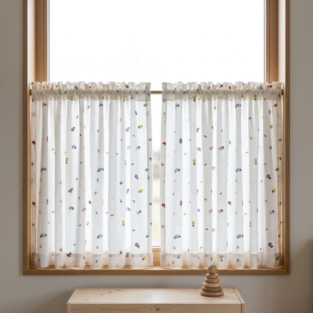 Soft White Linen Embroidered Curtains, Multicolor Pastel Floral Sprigs, Custom Blackout Nursery Drapes — image 7