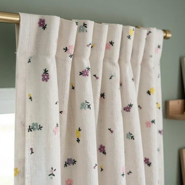 Soft White Linen Embroidered Curtains, Multicolor Pastel Floral Sprigs, Custom Blackout Nursery Drapes — image 1