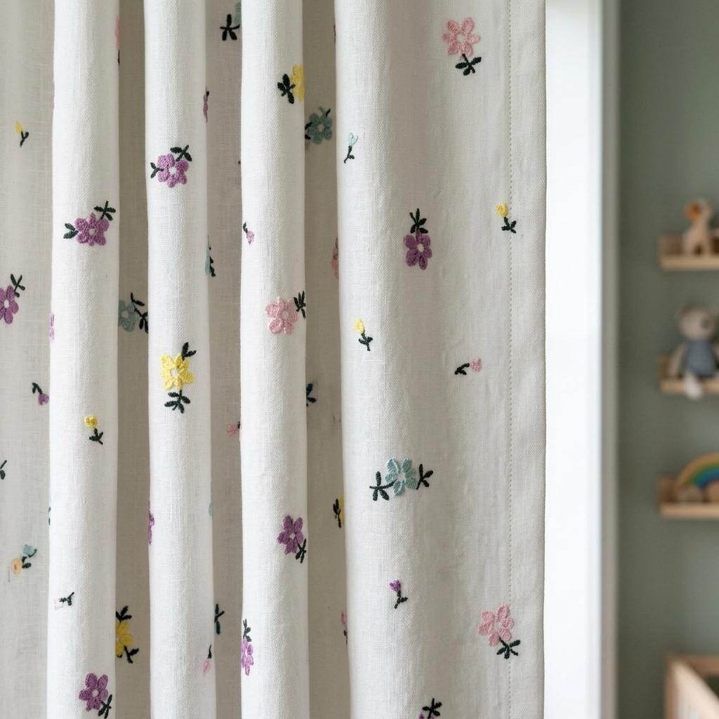 Soft White Linen Embroidered Curtains, Multicolor Pastel Floral Sprigs, Custom Blackout Nursery Drapes — image 2