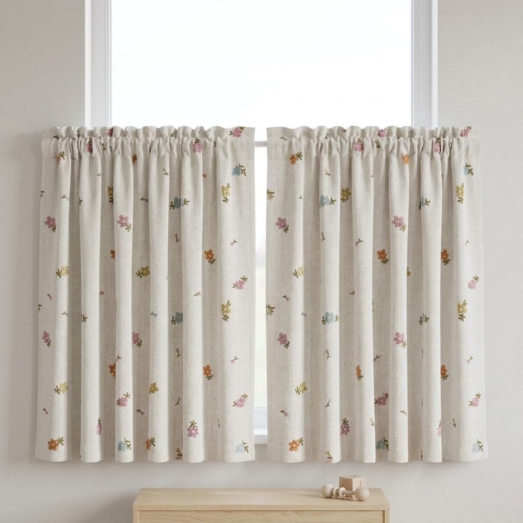 Soft White Linen Embroidered Curtains, Rust Pink Blue Floral Sprigs, Custom Blackout Nursery Drapes — image 8