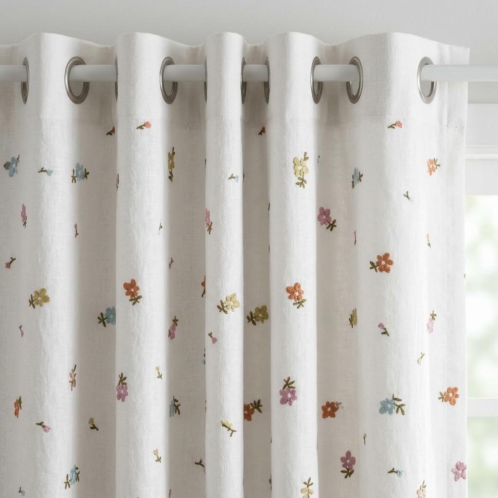 Soft White Linen Embroidered Curtains, Rust Pink Blue Floral Sprigs, Custom Blackout Nursery Drapes — image 9