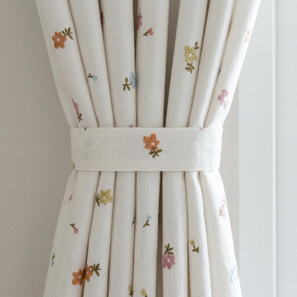 Soft White Linen Embroidered Curtains, Rust Pink Blue Floral Sprigs, Custom Blackout Nursery Drapes — image 3