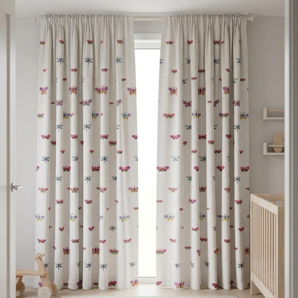 Soft White Linen Embroidered Curtains, Multicolor Butterfly & Dragonfly Nursery Drapes, Custom Blackout Option — image 5