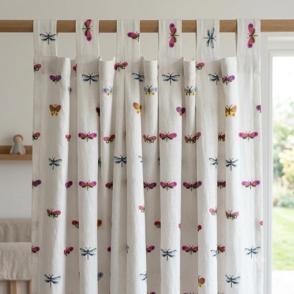 Soft White Linen Embroidered Curtains, Multicolor Butterfly & Dragonfly Nursery Drapes, Custom Blackout Option — image 6
