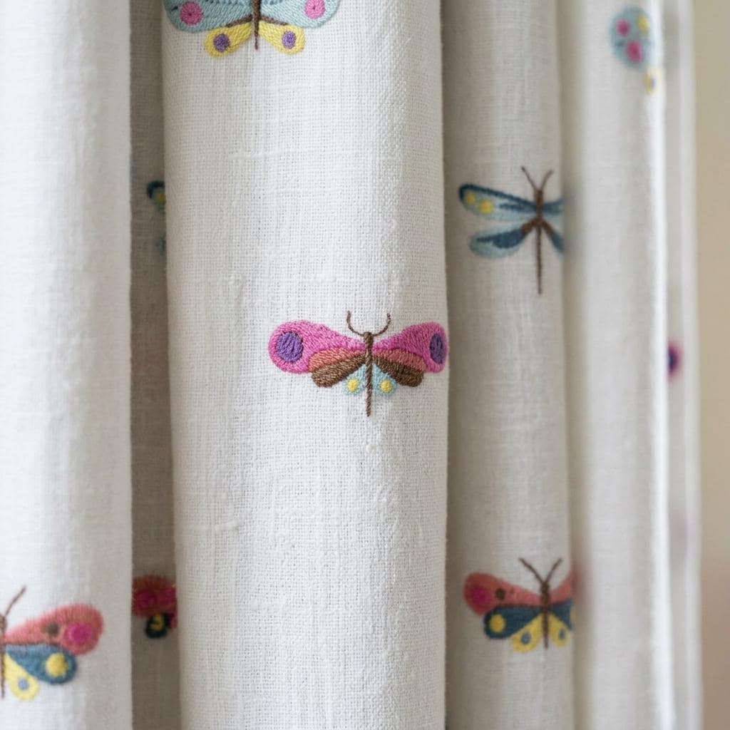 Soft White Linen Embroidered Curtains, Multicolor Butterfly & Dragonfly Nursery Drapes, Custom Blackout Option — image 1