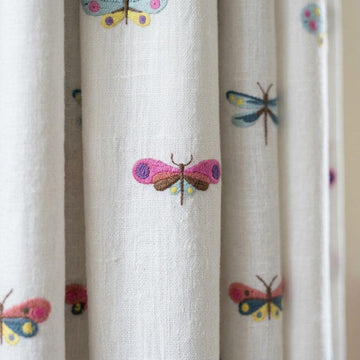 Soft White Linen Embroidered Curtains, Multicolor Butterfly & Dragonfly Nursery Drapes, Custom Blackout Option — image 1