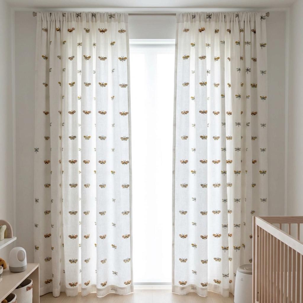 Soft White Linen Embroidered Curtains, Terracotta Blue Butterfly & Dragonfly, Custom Blackout Nursery Drapes — image 5