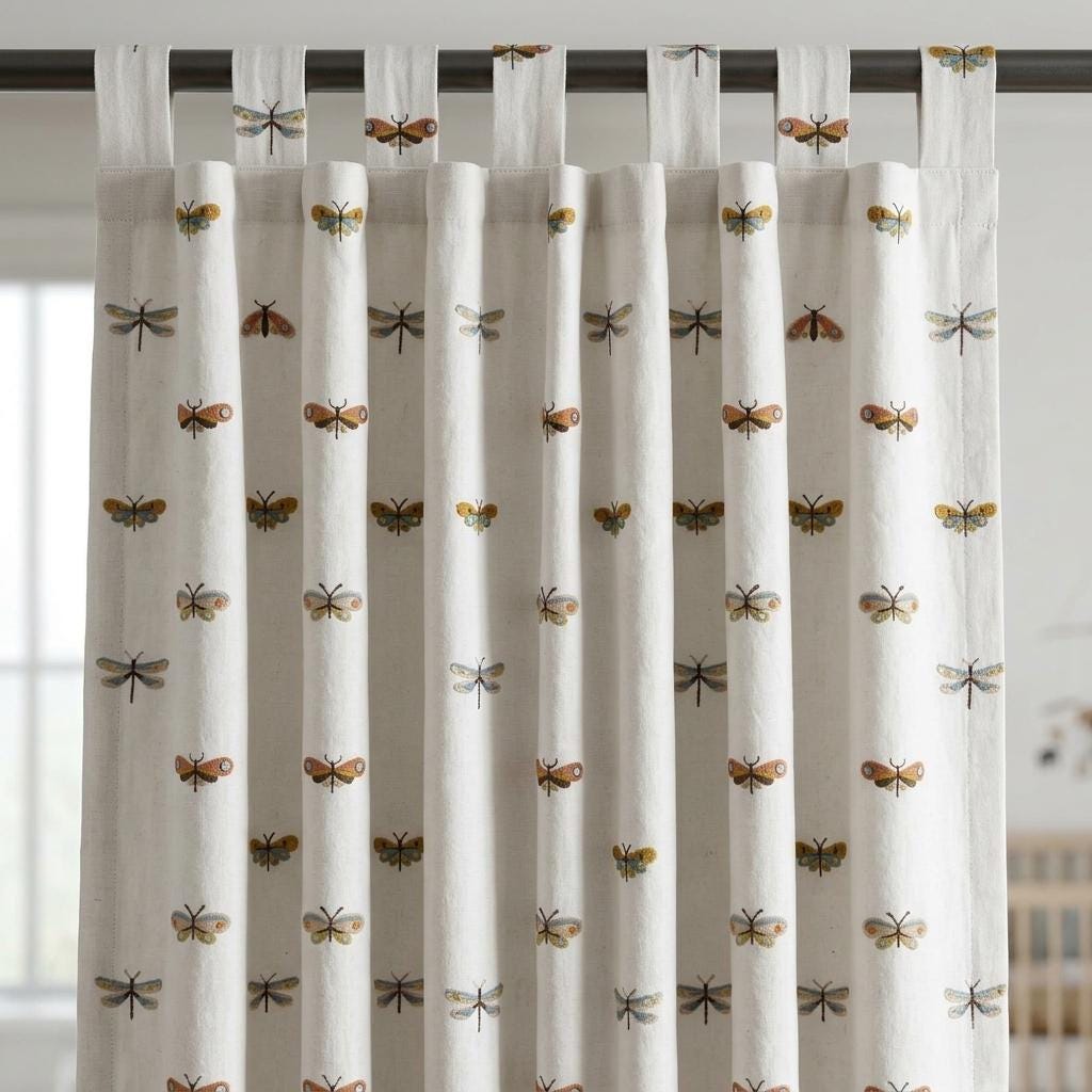 Soft White Linen Embroidered Curtains, Terracotta Blue Butterfly & Dragonfly, Custom Blackout Nursery Drapes — image 8