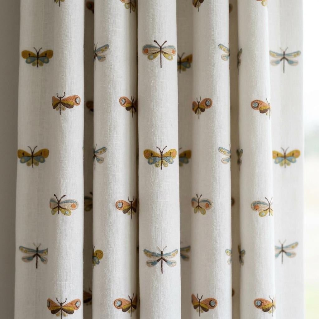 Soft White Linen Embroidered Curtains, Terracotta Blue Butterfly & Dragonfly, Custom Blackout Nursery Drapes — image 3