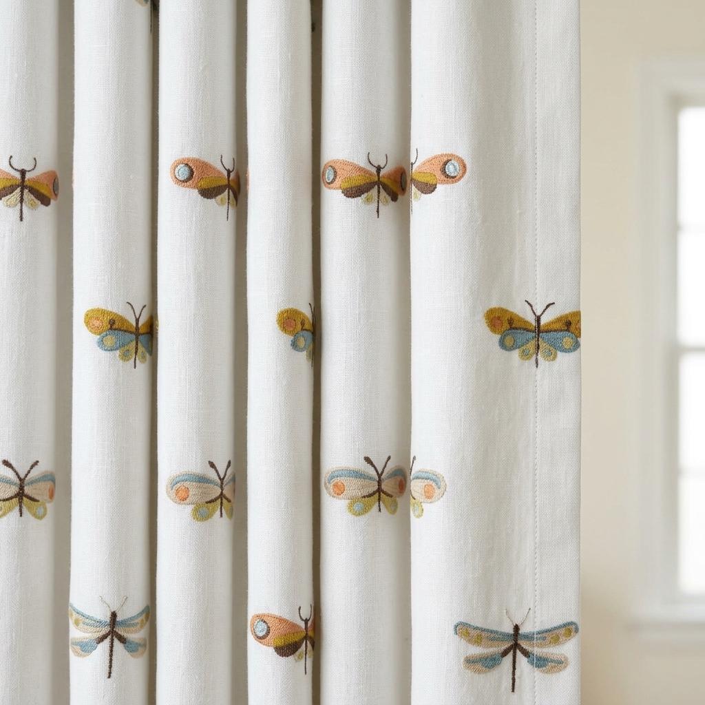 Soft White Linen Embroidered Curtains, Terracotta Blue Butterfly & Dragonfly, Custom Blackout Nursery Drapes — image 6