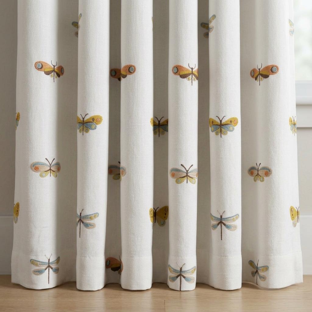 Soft White Linen Embroidered Curtains, Terracotta Blue Butterfly & Dragonfly, Custom Blackout Nursery Drapes — image 7