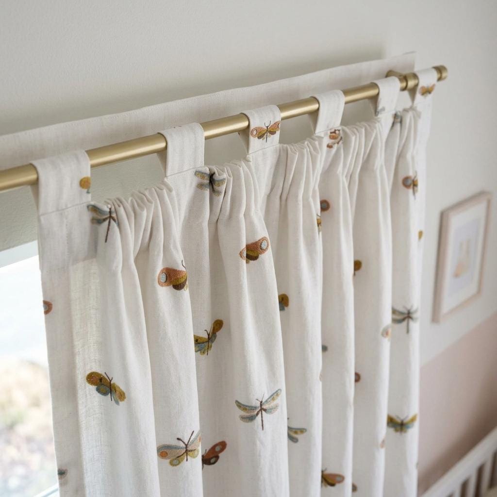 Soft White Linen Embroidered Curtains, Terracotta Blue Butterfly & Dragonfly, Custom Blackout Nursery Drapes — image 10