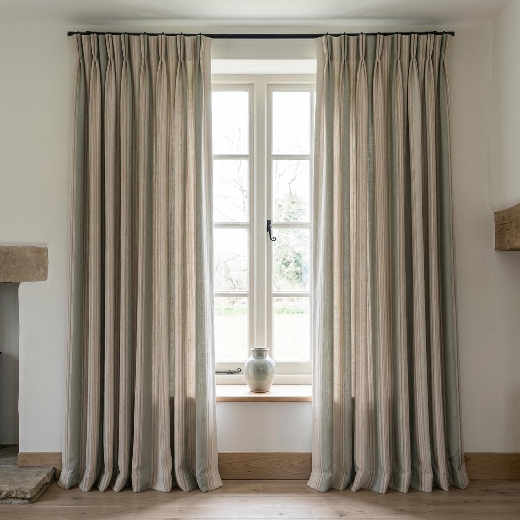 Sage Green Natural Linen Oatmeal Pure Linen Farmhouse Stripe Curtains, Tan Pinstripe Drapes, Custom Blackout or Light Filtering — image 8