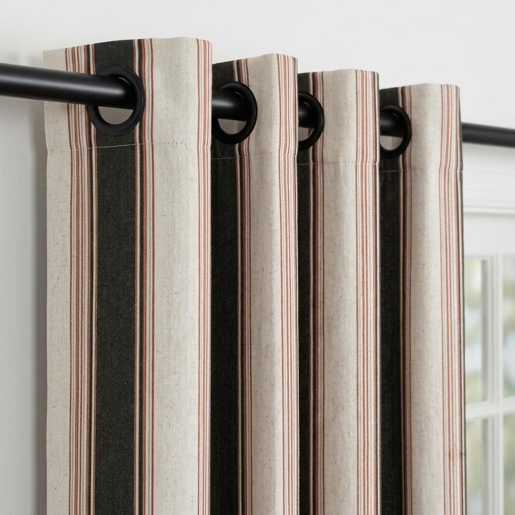 Dark Forest Green Rust Pure Linen Farmhouse Stripe Curtains, Ivory Drapes, Custom Blackout or Light Filtering — image 1