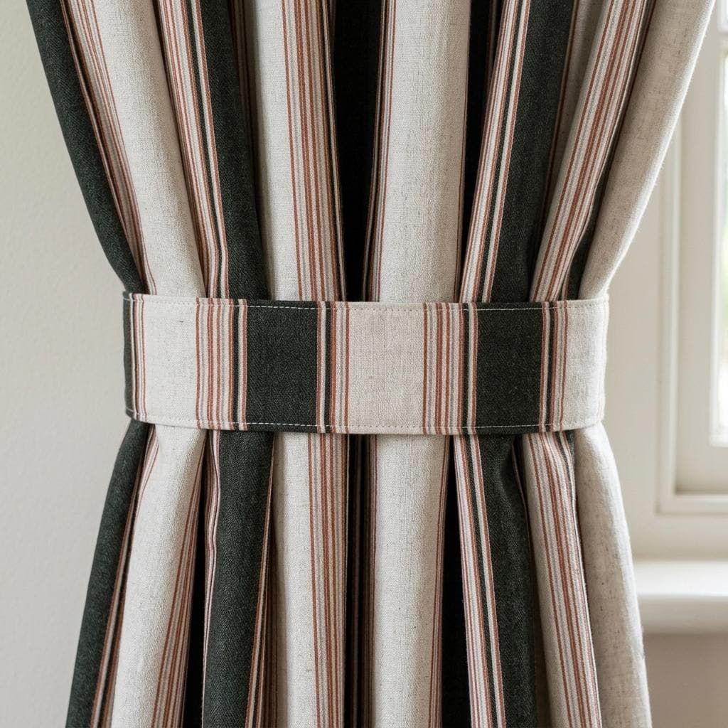 Dark Forest Green Rust Pure Linen Farmhouse Stripe Curtains, Ivory Drapes, Custom Blackout or Light Filtering — image 1
