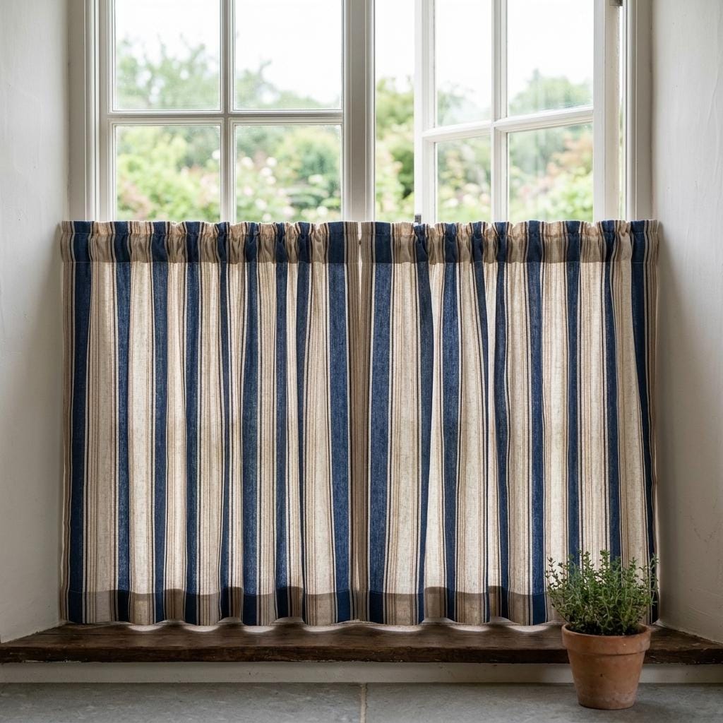 Navy Stripe Linen Curtains: Organic Fabric - Light-Filtering or Blackout — image 6