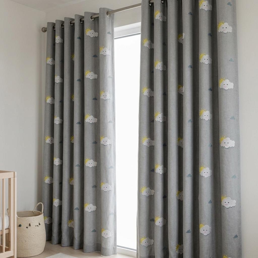 Light Blue Linen Curtains, White Cloud & Yellow Sun Embroidery, Custom Blackout Nursery Drapes — image 2