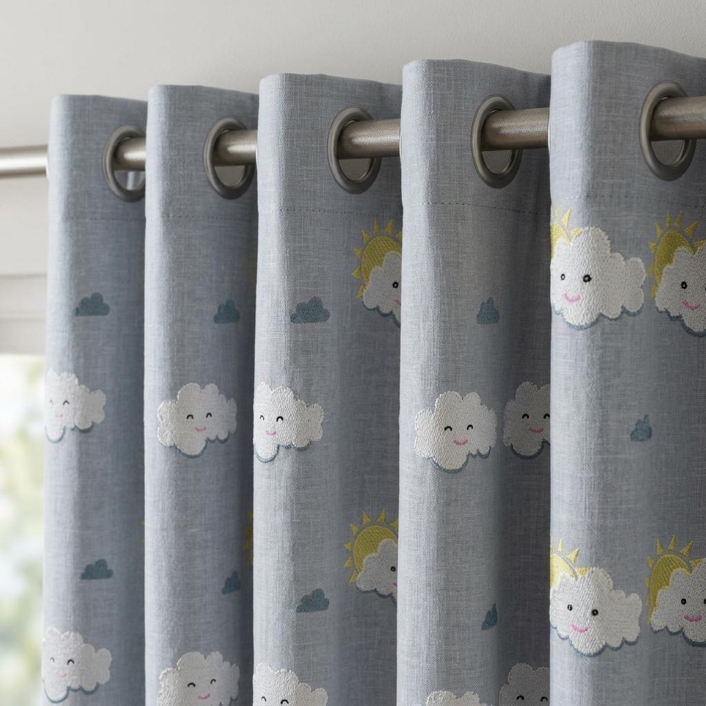 Light Blue Linen Curtains, White Cloud & Yellow Sun Embroidery, Custom Blackout Nursery Drapes — image 5