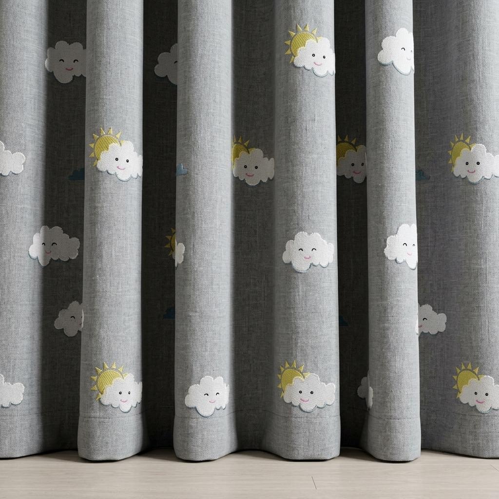 Light Blue Linen Curtains, White Cloud & Yellow Sun Embroidery, Custom Blackout Nursery Drapes — image 6