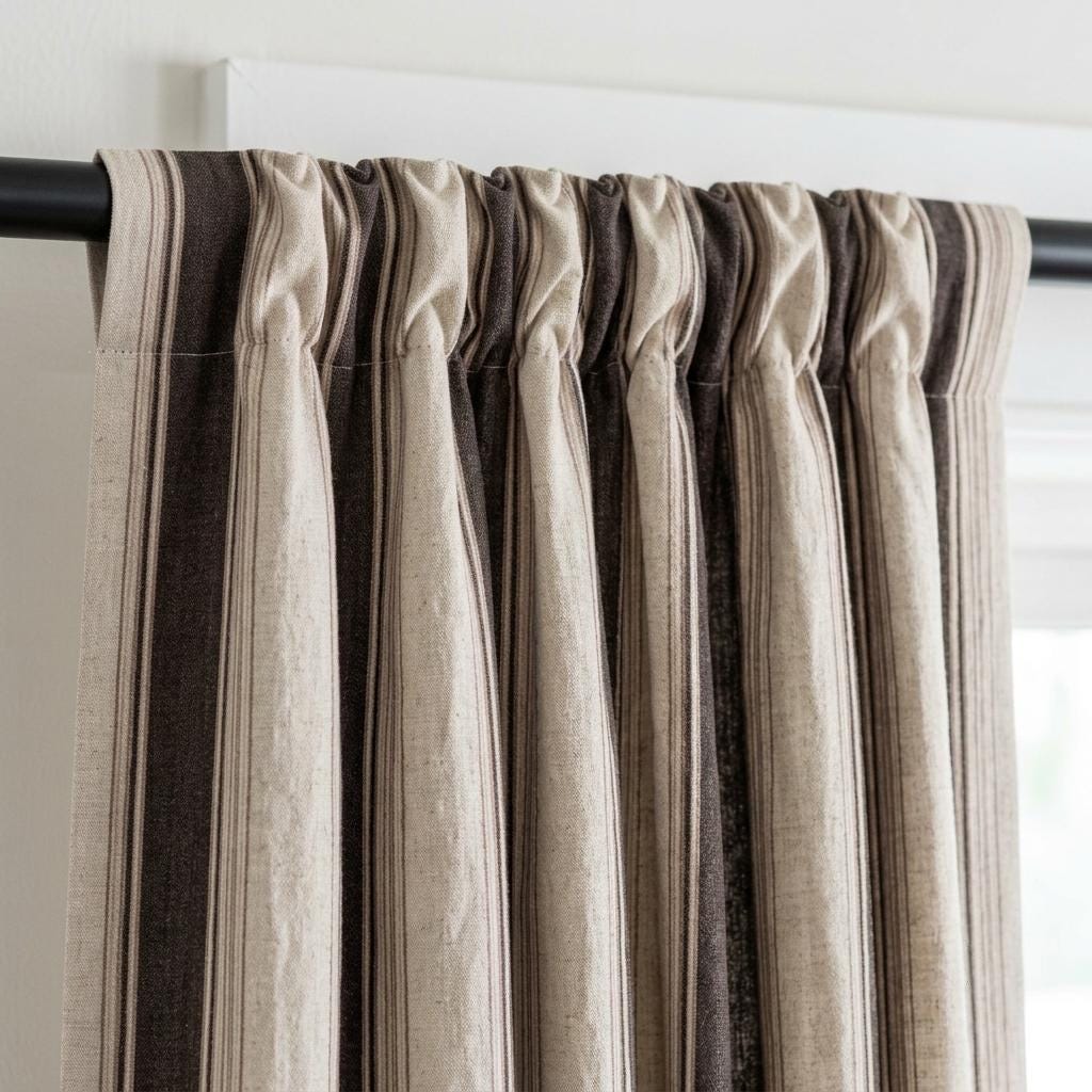 Dark Brown Cream Pure Linen Farmhouse Stripe Curtains, Ticking Drapes, Custom Blackout or Light Filtering — image 1