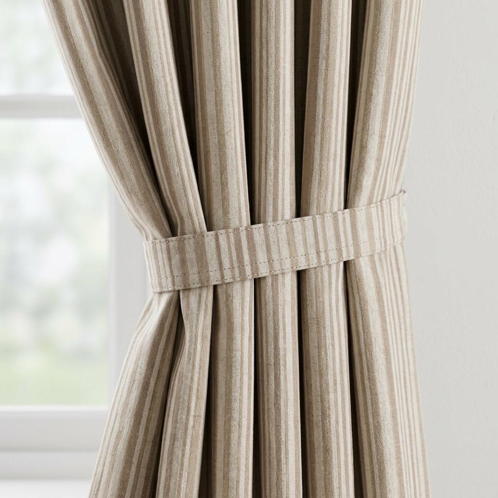 Oatmeal Beige Pure Linen Ticking Stripe Curtains, Cream Farmhouse Drapes, Custom Blackout or Light Filtering — image 1