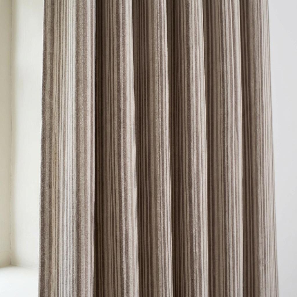 Brown Taupe Pure Linen Farmhouse Stripe Curtains, Cream Ticking Drapes, Custom Blackout or Light Filtering — image 6