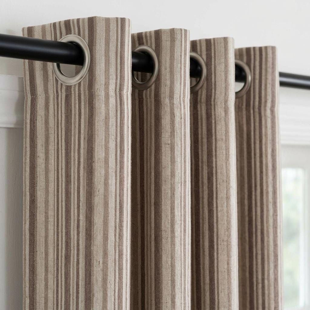 Brown Taupe Pure Linen Farmhouse Stripe Curtains, Cream Ticking Drapes, Custom Blackout or Light Filtering — image 2