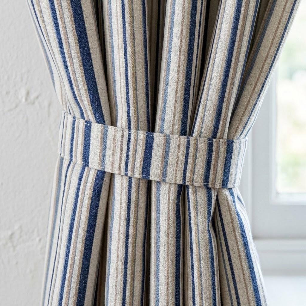 Navy Blue Pure Linen Stripe Curtains, Beige Cream Farmhouse Drapes, Custom Blackout or Light Filtering — image 1
