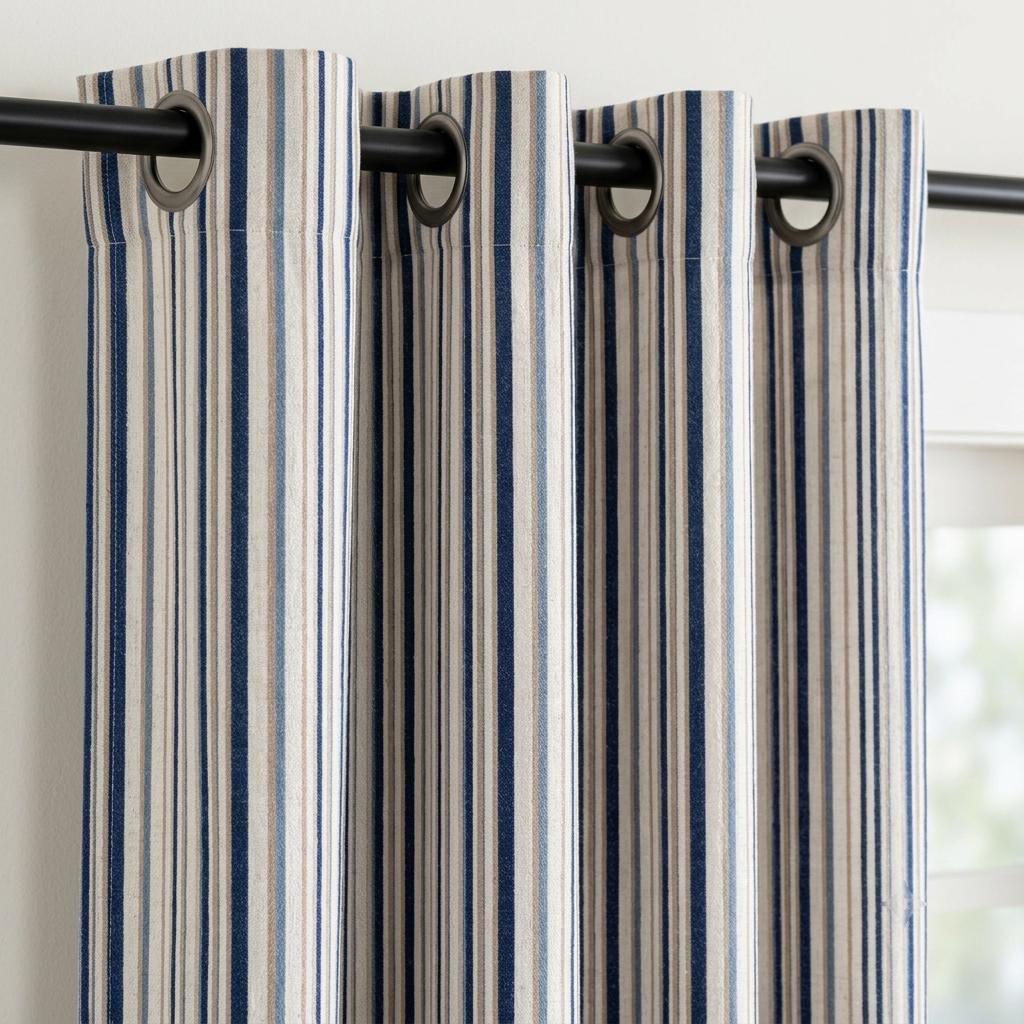 Navy Blue Pure Linen Stripe Curtains, Beige Cream Farmhouse Drapes, Custom Blackout or Light Filtering — image 3