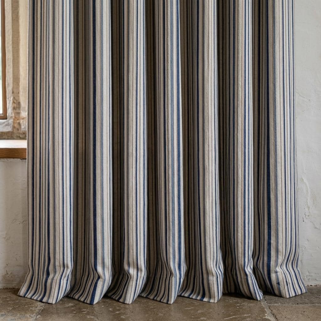 Navy Blue Pure Linen Stripe Curtains, Beige Cream Farmhouse Drapes, Custom Blackout or Light Filtering — image 6