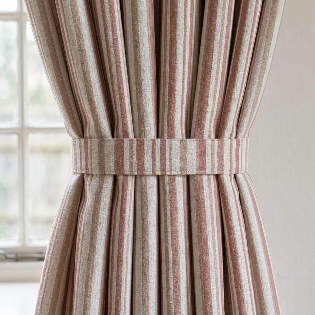 Dusty Rose Pure Linen Stripe Curtains, Cream Farmhouse Drapes, Custom Blackout or Light Filtering — image 1