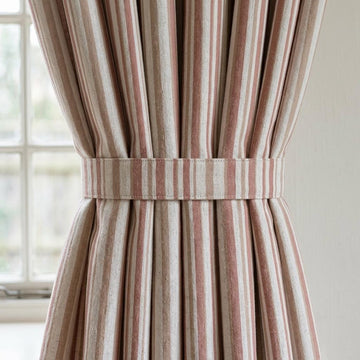 Dusty Rose Pure Linen Stripe Curtains, Cream Farmhouse Drapes, Custom Blackout or Light Filtering — image 1