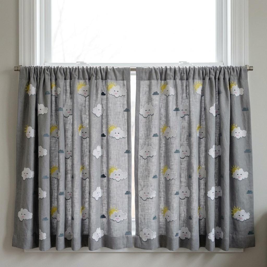 Light Blue Linen Curtains, White Cloud & Yellow Sun Embroidery, Custom Blackout Nursery Drapes — image 4