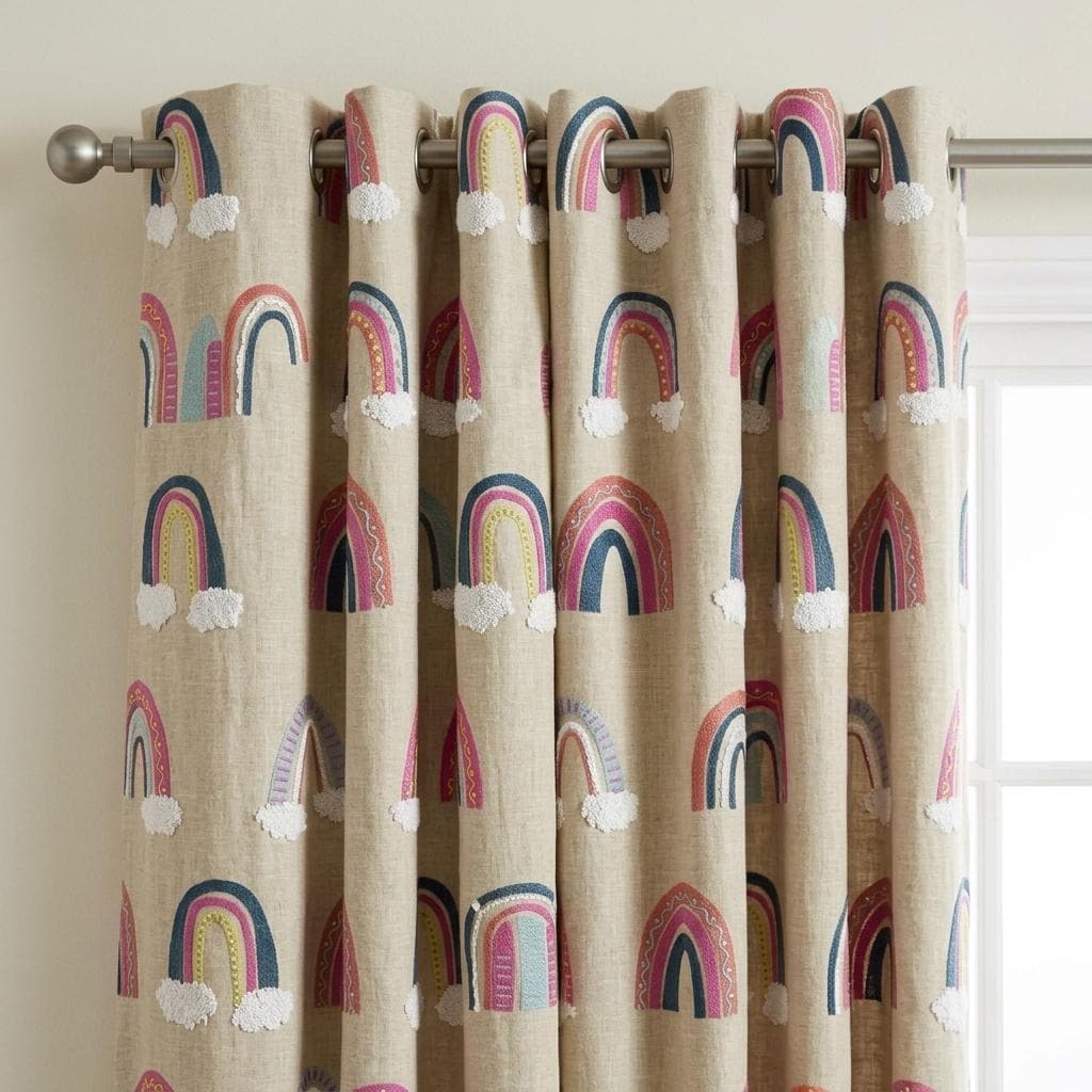 Natural Beige Linen Rainbow Curtains, White Cloud Embroidery, Custom Blackout Nursery Drapes — image 7