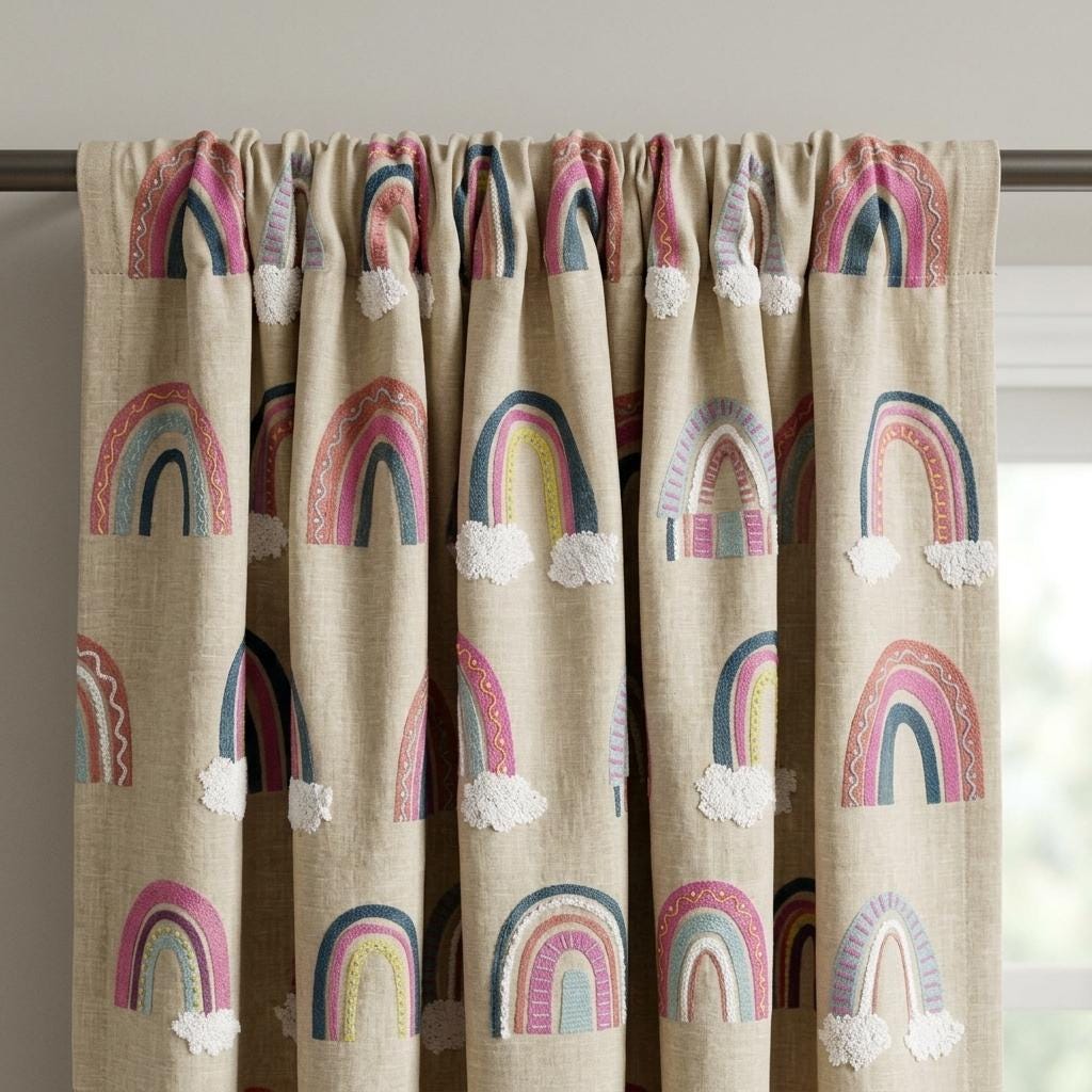 Natural Beige Linen Rainbow Curtains, White Cloud Embroidery, Custom Blackout Nursery Drapes — image 3