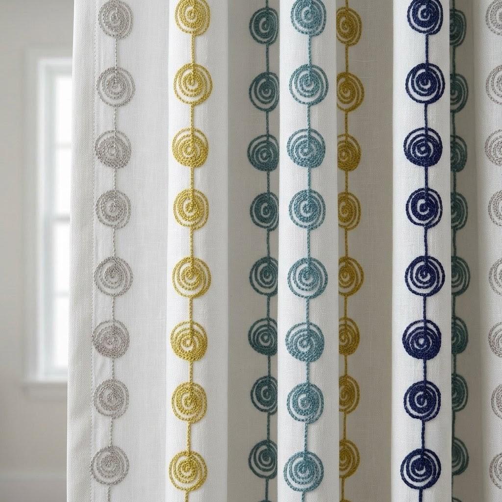 Soft White Linen Curtains, Navy Teal Mustard & Taupe Spiral Embroidery, Custom Blackout Nursery Drapes — image 1