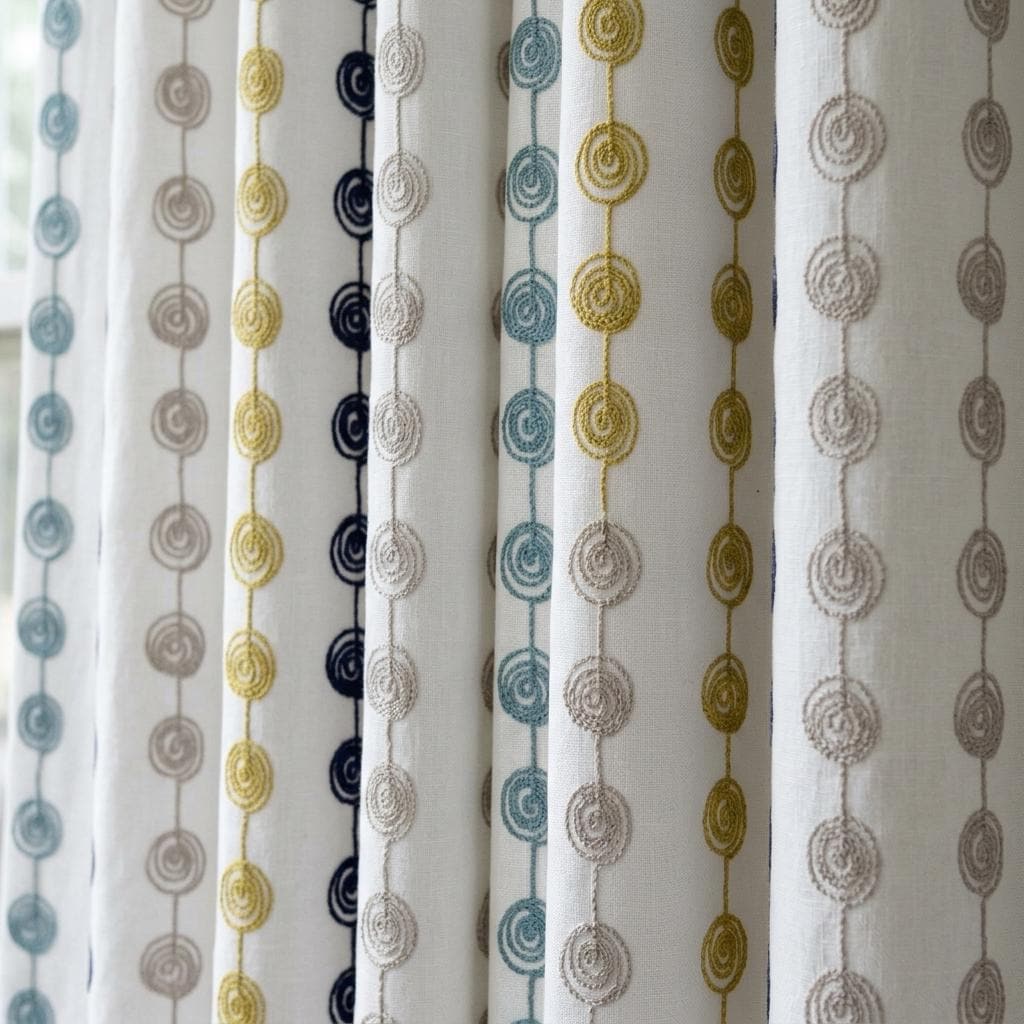Soft White Linen Curtains, Navy Teal Mustard & Taupe Spiral Embroidery, Custom Blackout Nursery Drapes — image 1