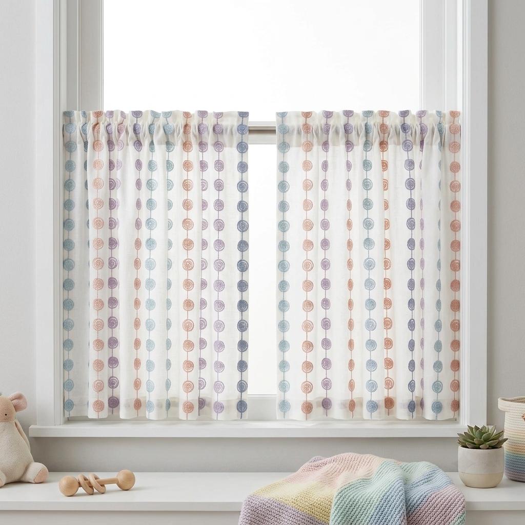 Soft White Linen Curtains, Aqua Peach Lilac & Blue Spiral Embroidery, Custom Blackout Nursery Drapes — image 9