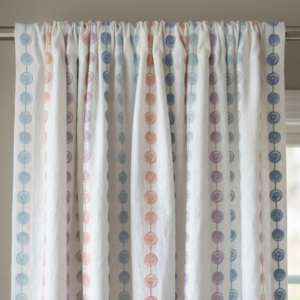 Soft White Linen Curtains, Aqua Peach Lilac & Blue Spiral Embroidery, Custom Blackout Nursery Drapes — image 3