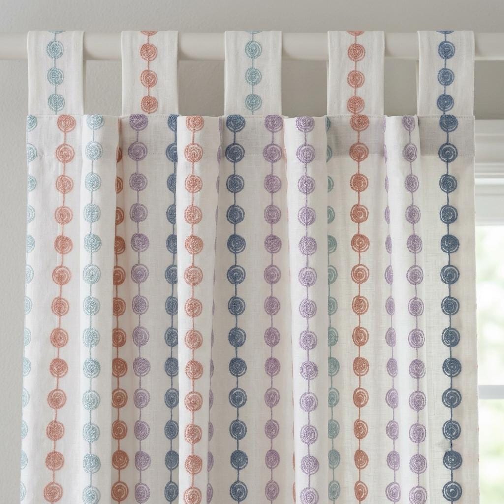 Soft White Linen Curtains, Aqua Peach Lilac & Blue Spiral Embroidery, Custom Blackout Nursery Drapes — image 8