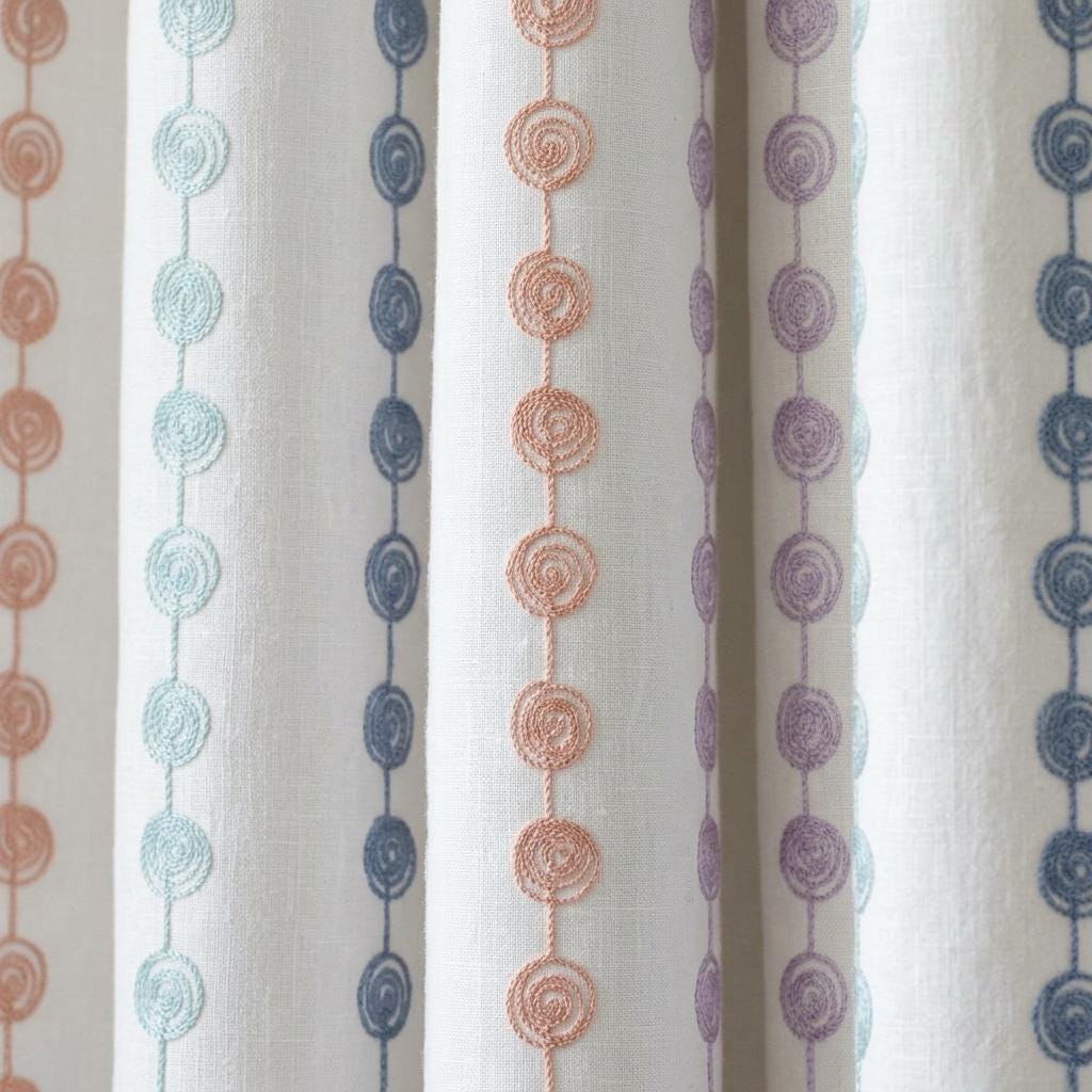 Soft White Linen Curtains, Aqua Peach Lilac & Blue Spiral Embroidery, Custom Blackout Nursery Drapes — image 10