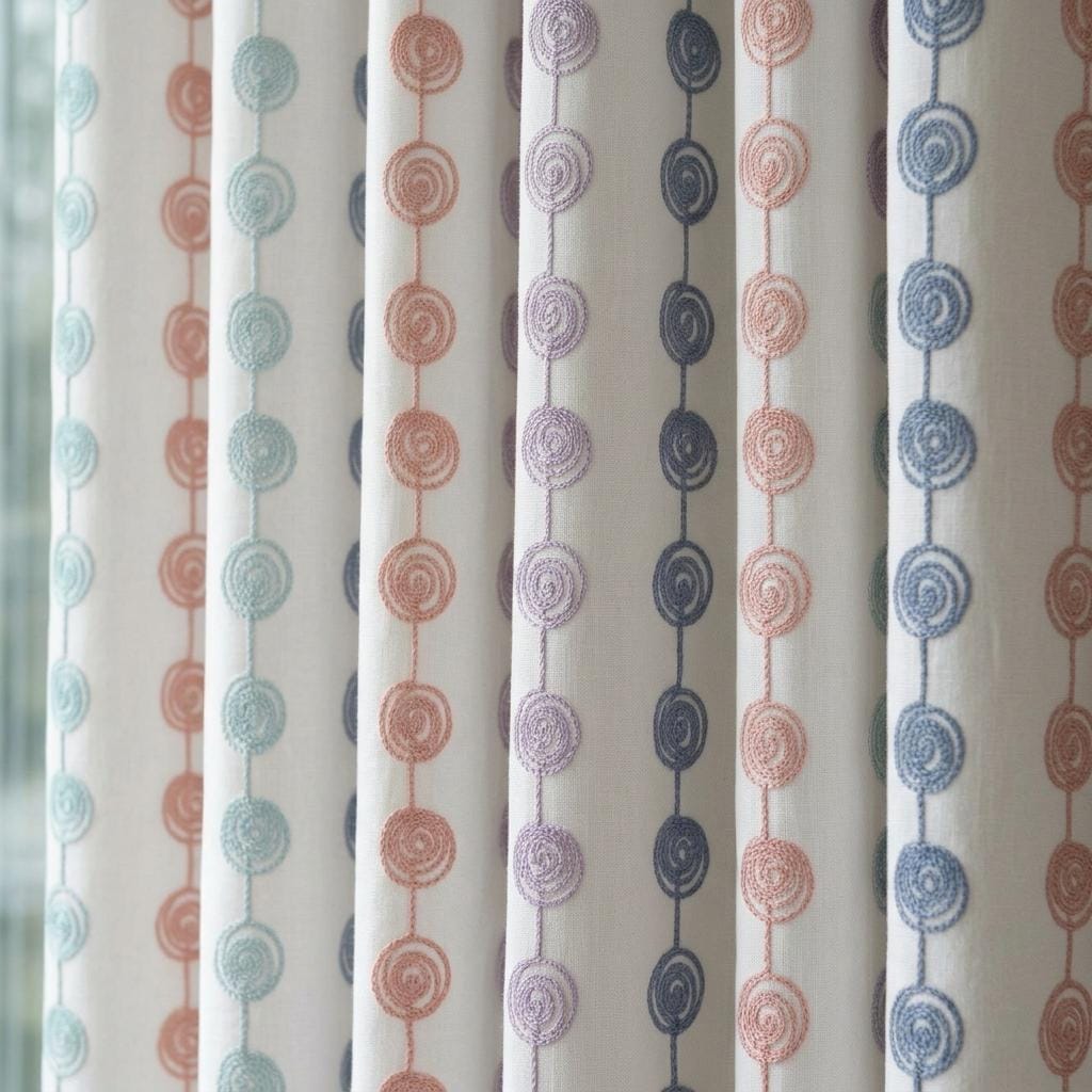 Soft White Linen Curtains, Aqua Peach Lilac & Blue Spiral Embroidery, Custom Blackout Nursery Drapes — image 1